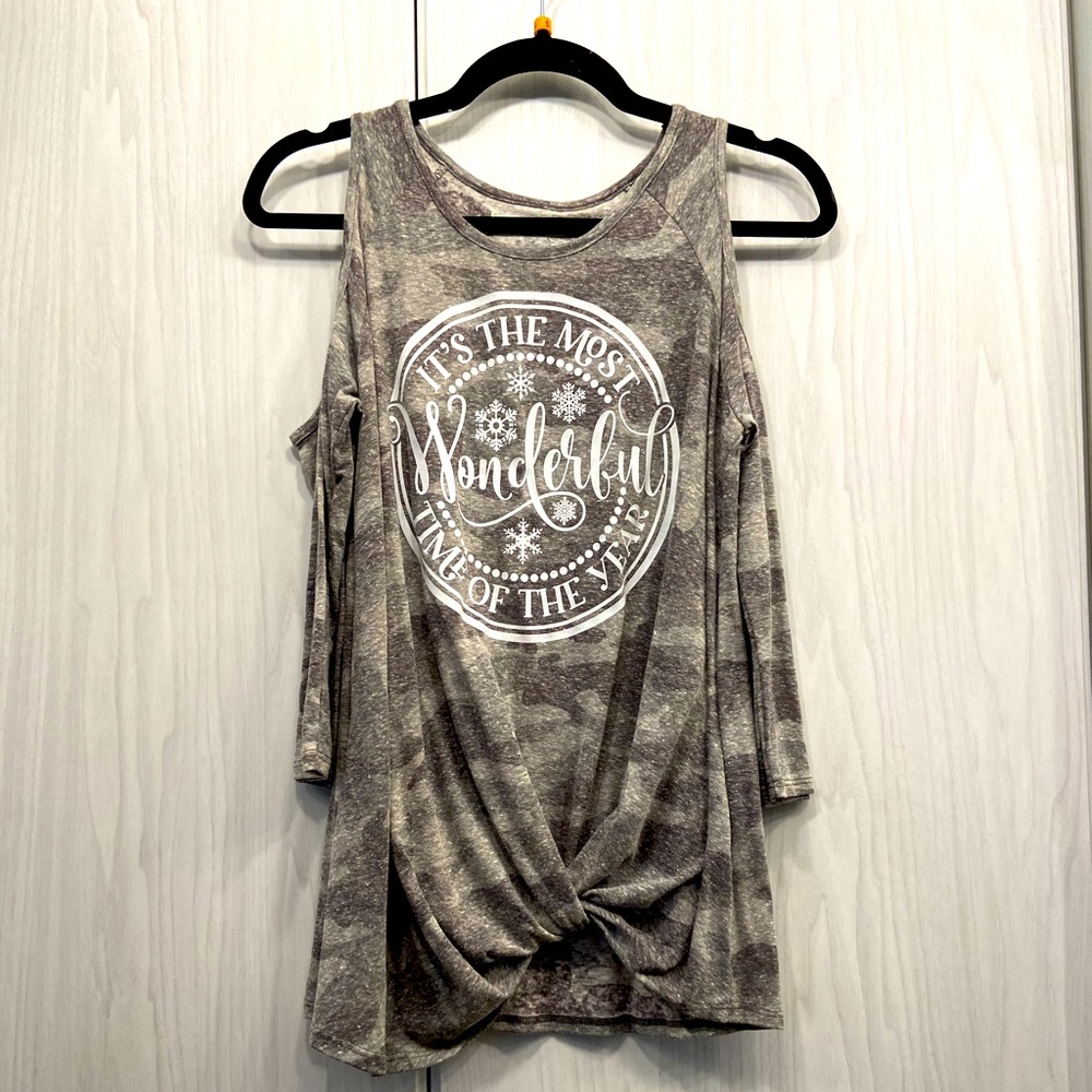 Christmas Camo Cold Shoulder Knot Top